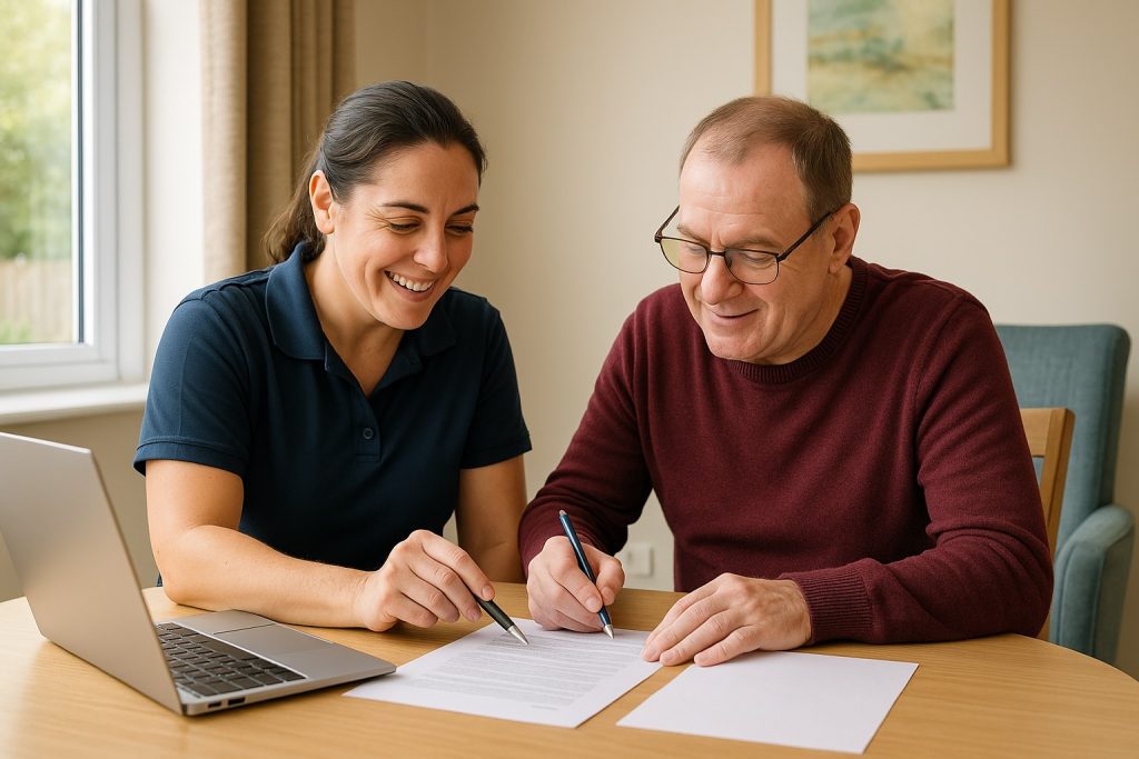 A member of Active Pathways therapeutic team helping a resident complete an job application