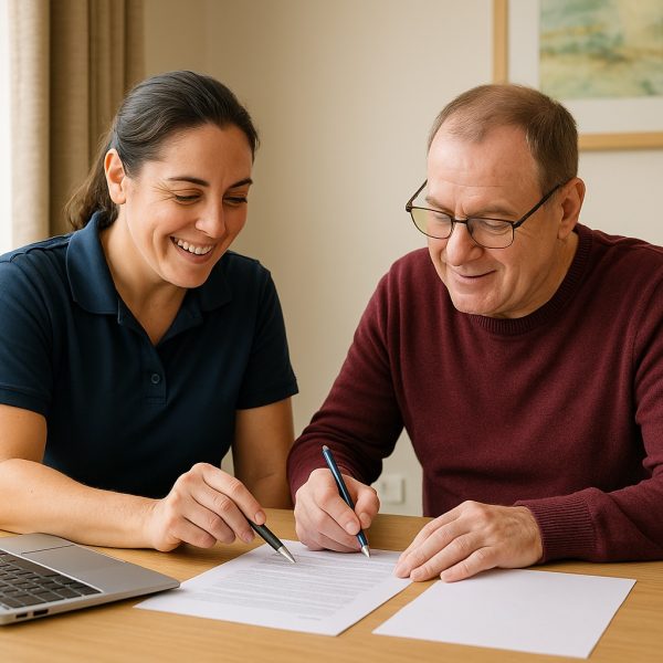 A member of Active Pathways therapeutic team helping a resident complete an job application