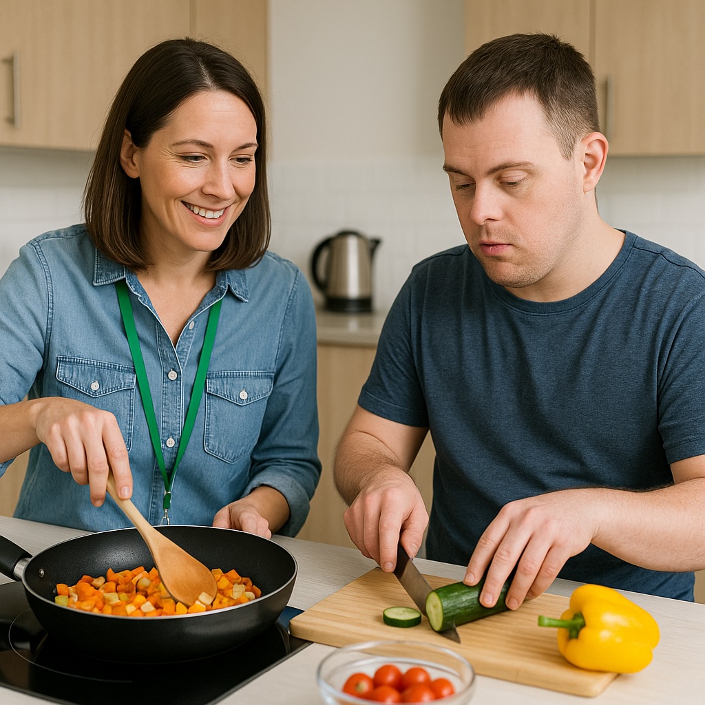 recovery support worker working with a resident with learning disability