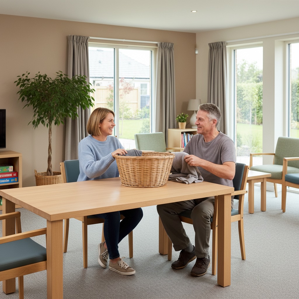 resident and staff fold clothes in a residential service